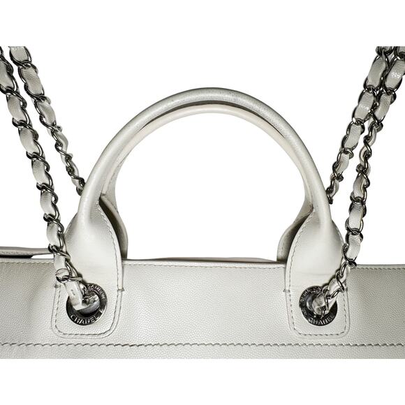 CHANEL Deauville Ivory Caviar Leather Studded GM Large Chain Shopping Tote SHW - Picture 9 of 11